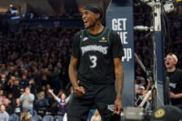 Apr 25, 2026; Minneapolis, Minnesota, USA; Minnesota Timberwolves forward Jaden McDaniels (3) reacts to being called for a foul against the Denver Nuggets in the fourth quarter at Target Center. Mandatory Credit: