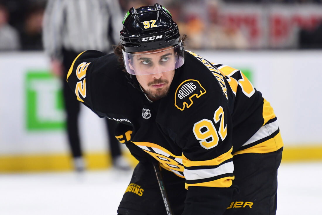 Apr 26, 2026; Boston, Massachusetts, USA; Boston Bruins center Marat Khusnutdinov (92) gets set for a face-off during the third period in game four of the first round of the 2026 Stanley Cup Playoffs against the Buffalo Sabres at TD Garden. Mandatory Credit: Bob DeChiara-Imagn Images