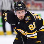 Apr 26, 2026; Boston, Massachusetts, USA; Boston Bruins center Marat Khusnutdinov (92) gets set for a face-off during the third period in game four of the first round of the 2026 Stanley Cup Playoffs against the Buffalo Sabres at TD Garden. Mandatory Credit: Bob DeChiara-Imagn Images
