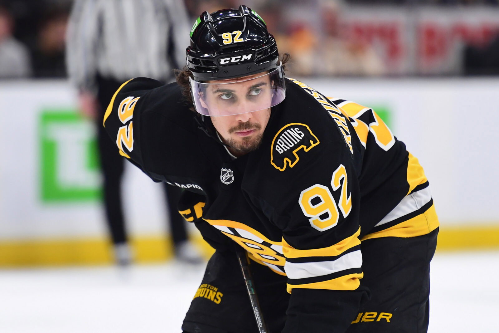 Apr 26, 2026; Boston, Massachusetts, USA; Boston Bruins center Marat Khusnutdinov (92) gets set for a face-off during the third period in game four of the first round of the 2026 Stanley Cup Playoffs against the Buffalo Sabres at TD Garden. Mandatory Credit: Bob DeChiara-Imagn Images