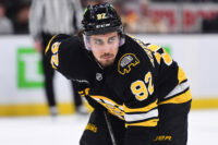 Apr 26, 2026; Boston, Massachusetts, USA; Boston Bruins center Marat Khusnutdinov (92) gets set for a face-off during the third period in game four of the first round of the 2026 Stanley Cup Playoffs against the Buffalo Sabres at TD Garden. Mandatory Credit: Bob DeChiara-Imagn Images