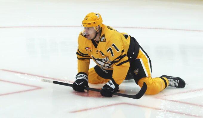 Apr 27, 2026; Pittsburgh, Pennsylvania, USA; Pittsburgh Penguins center Evgeni Malkin (71) stretches on the ice to warm up against the Philadelphia Flyers in game five of the first round of the 2026 Stanley Cup Playoffs at PPG Paints Arena. Mandatory Credit: Charles LeClaire-Imagn Images