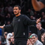 Apr 28, 2026; Boston, Massachusetts, USA; Boston Celtics head coach Joe Mazzulla watches from the sideline as they take on the Philadelphia 76ers during game five of the first round of the 2026 NBA Playoffs at TD Garden. Mandatory Credit: