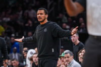 Apr 28, 2026; Boston, Massachusetts, USA; Boston Celtics head coach Joe Mazzulla watches from the sideline as they take on the Philadelphia 76ers during game five of the first round of the 2026 NBA Playoffs at TD Garden. Mandatory Credit:
