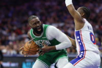Apr 30, 2026; Philadelphia, Pennsylvania, USA; Boston Celtics guard Jaylen Brown (7) drives against Philadelphia 76ers guard Tyrese Maxey (0) during the second quarter at Xfinity Mobile Arena. Mandatory Credit: