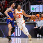 Apr 30, 2026; Atlanta, Georgia, USA; Atlanta Hawks guard CJ McCollum (3) is defended by New York Knicks guard Landry Shamet (44) in the fourth quarter during game six of the first round of the 2026 NBA Playoffs at State Farm Arena. Mandatory Credit: