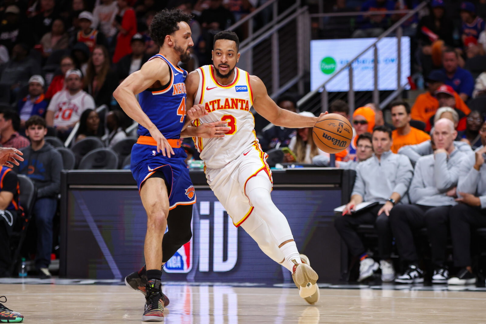 Apr 30, 2026; Atlanta, Georgia, USA; Atlanta Hawks guard CJ McCollum (3) is defended by New York Knicks guard Landry Shamet (44) in the fourth quarter during game six of the first round of the 2026 NBA Playoffs at State Farm Arena. Mandatory Credit: