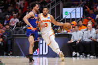 Apr 30, 2026; Atlanta, Georgia, USA; Atlanta Hawks guard CJ McCollum (3) is defended by New York Knicks guard Landry Shamet (44) in the fourth quarter during game six of the first round of the 2026 NBA Playoffs at State Farm Arena. Mandatory Credit: