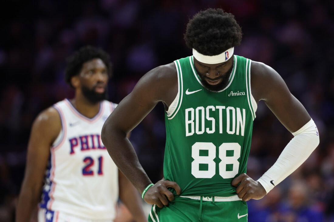 Apr 30, 2026; Philadelphia, Pennsylvania, USA; Boston Celtics center Neemias Queta (88) looks on in front of Philadelphia 76ers center Joel Embiid (21) during the third quarter at Xfinity Mobile Arena. Mandatory Credit: Bill Streicher-Imagn Images