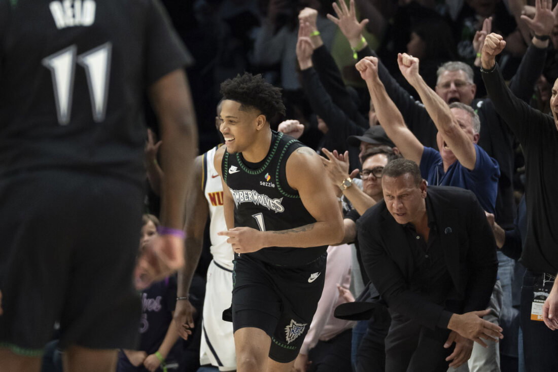 Apr 30, 2026; Minneapolis, Minnesota, USA; Minnesota Timberwolves guard Terrence Shannon Jr. (1) celebrates making a shot against the Denver Nuggets in the second half during game six of the first round of the 2026 NBA Playoffs at Target Center. Mandatory Credit: Jesse Johnson-Imagn Images