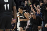 Apr 30, 2026; Minneapolis, Minnesota, USA; Minnesota Timberwolves guard Terrence Shannon Jr. (1) celebrates making a shot against the Denver Nuggets in the second half during game six of the first round of the 2026 NBA Playoffs at Target Center. Mandatory Credit: Jesse Johnson-Imagn Images