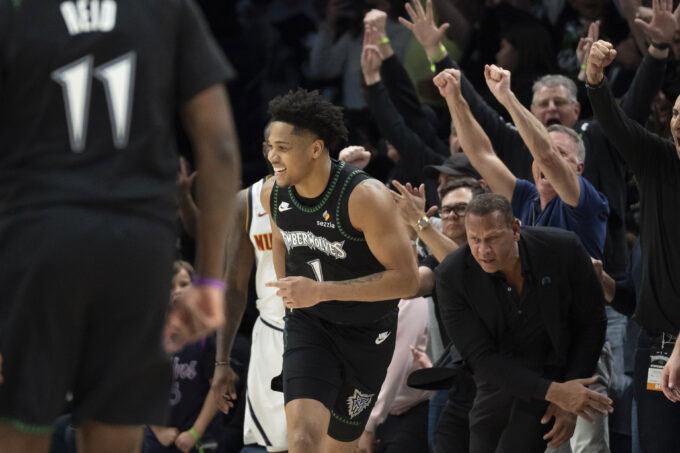 Apr 30, 2026; Minneapolis, Minnesota, USA; Minnesota Timberwolves guard Terrence Shannon Jr. (1) celebrates making a shot against the Denver Nuggets in the second half during game six of the first round of the 2026 NBA Playoffs at Target Center. Mandatory Credit: Jesse Johnson-Imagn Images