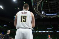 Apr 30, 2026; Minneapolis, Minnesota, USA; Denver Nuggets center Nikola Jokic (15) looks on in the fourth quarter against the Minnesota Timberwolves during game six of the first round of the 2026 NBA Playoffs at Target Center. Mandatory Credit: Jesse Johnson-Imagn Images