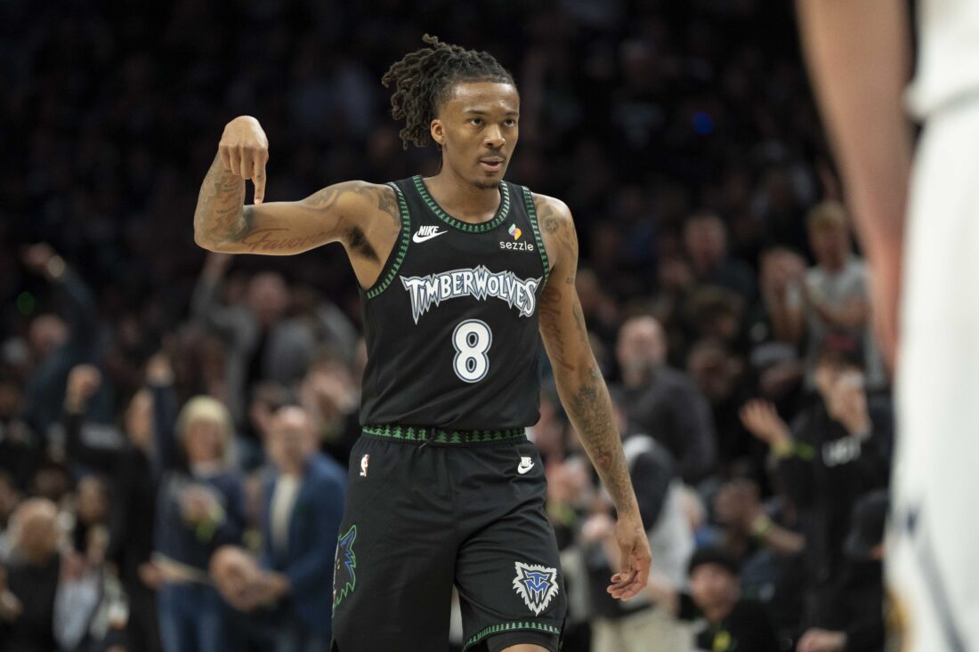 Apr 30, 2026; Minneapolis, Minnesota, USA; Minnesota Timberwolves guard Bones Hyland (8) celebrates making a shot against the Denver Nuggets in the first half during game six of the first round of the 2026 NBA Playoffs at Target Center. Mandatory Credit: Jesse Johnson-Imagn Images
