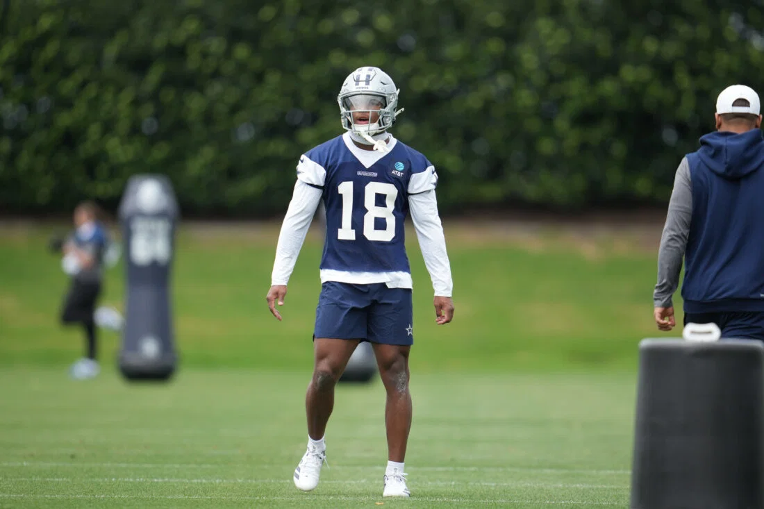May 1, 2026; Frisco, TX, USA; Dallas Cowboys cornerback Caleb Downs (18) on the field during practice at the Ford Center at the Star Training Facility in Frisco, Texas. Mandatory Credit: Chris Jones-Imagn Images
