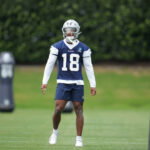 May 1, 2026; Frisco, TX, USA; Dallas Cowboys cornerback Caleb Downs (18) on the field during practice at the Ford Center at the Star Training Facility in Frisco, Texas. Mandatory Credit: Chris Jones-Imagn Images