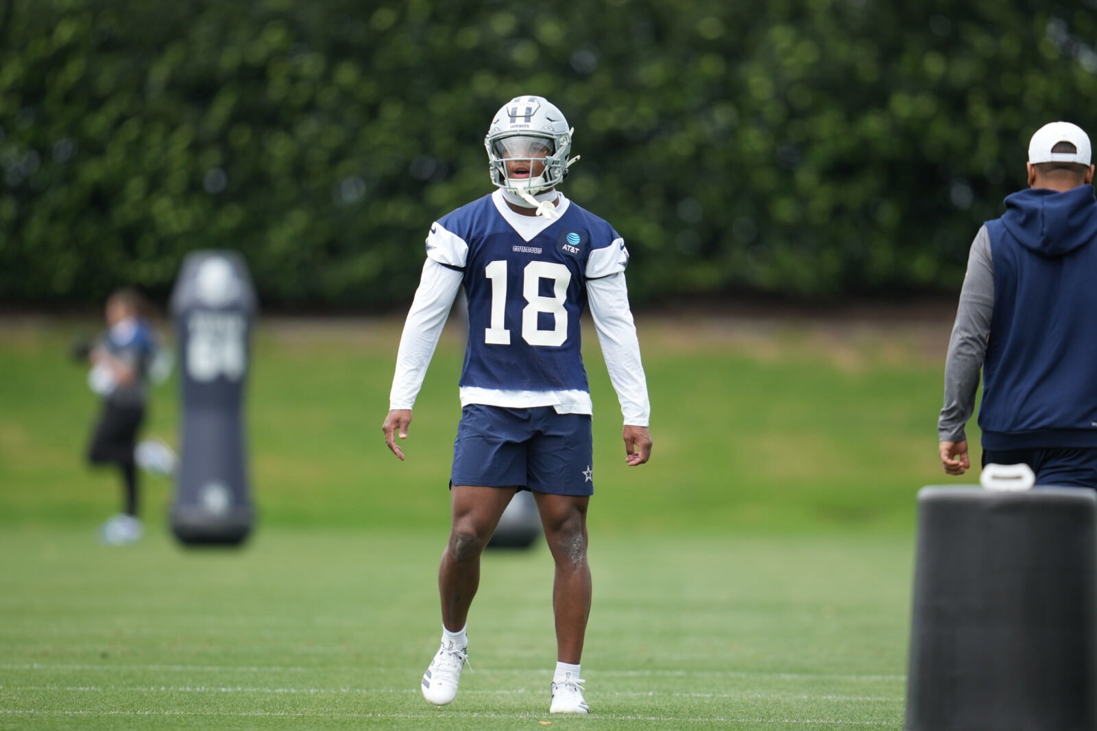 May 1, 2026; Frisco, TX, USA; Dallas Cowboys cornerback Caleb Downs (18) on the field during practice at the Ford Center at the Star Training Facility in Frisco, Texas. Mandatory Credit: Chris Jones-Imagn Images