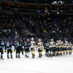 May 1, 2026; Salt Lake City, Utah, USA; The Vegas Golden Knights and Utah Mammoth shake hands after game six of the first round of the 2026 Stanley Cup Playoffs at Delta Center. Mandatory Credit: Rob Gray-Imagn Images