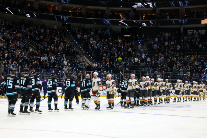 May 1, 2026; Salt Lake City, Utah, USA; The Vegas Golden Knights and Utah Mammoth shake hands after game six of the first round of the 2026 Stanley Cup Playoffs at Delta Center. Mandatory Credit: Rob Gray-Imagn Images