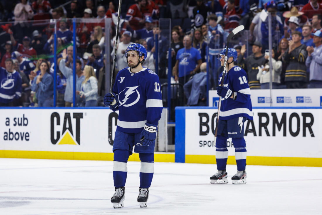 May 3, 2026; Tampa, Florida, USA; Tampa Bay Lightning forward Dominic James (17) reacts to losing to the Montreal Canadiens in game seven of the first round of the 2026 Stanley Cup Playoffs at Benchmark International Arena. Mandatory Credit: Morgan Tencza-Imagn Images