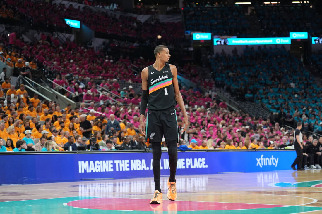 May 4, 2026; San Antonio, Texas, USA; San Antonio Spurs forward Victor Wembanyama (1) walks up the court in the first half against the Minnesota Timberwolves during game one of the second round of the 2026 NBA Playoffs at Frost Bank Center. Mandatory Credit: Daniel Dunn-Imagn Images