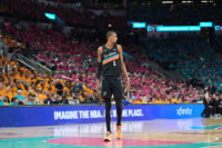 May 4, 2026; San Antonio, Texas, USA; San Antonio Spurs forward Victor Wembanyama (1) walks up the court in the first half against the Minnesota Timberwolves during game one of the second round of the 2026 NBA Playoffs at Frost Bank Center. Mandatory Credit: Daniel Dunn-Imagn Images