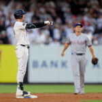 May 5, 2026; Bronx, New York, USA; New York Yankees left fielder Cody Bellinger (35) celebrates his RBI double against the Texas Rangers during the first inning at Yankee Stadium. Mandatory Credit: Brad Penner-Imagn Images