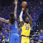 May 5, 2026; Oklahoma City, Oklahoma, USA; Los Angeles Lakers forward LeBron James (23) shoots as Oklahoma City Thunder forward Jaylin Williams (6) defends in the first half during game one of the second round of the 2026 NBA Playoffs at Paycom Center. Mandatory Credit: Alonzo Adams-Imagn Images