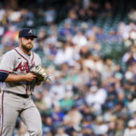 May 5, 2026; Seattle, Washington, USA; Atlanta Braves starting pitcher Bryce Elder (55) walks to the dugout after getting a strikeout to end the first inning against the Seattle Mariners at T-Mobile Park. Mandatory Credit: Joe Nicholson-Imagn Images