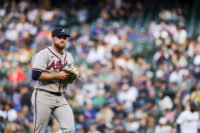 May 5, 2026; Seattle, Washington, USA; Atlanta Braves starting pitcher Bryce Elder (55) walks to the dugout after getting a strikeout to end the first inning against the Seattle Mariners at T-Mobile Park. Mandatory Credit: Joe Nicholson-Imagn Images