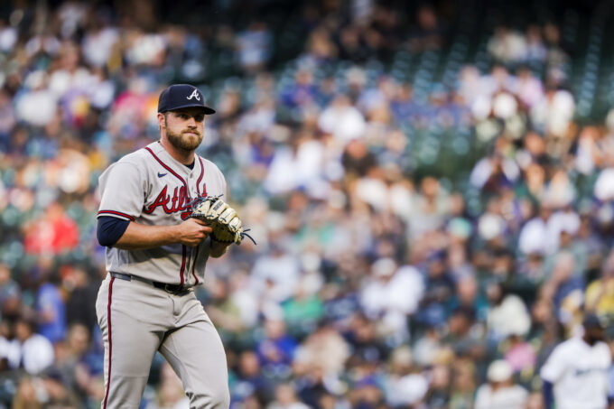 May 5, 2026; Seattle, Washington, USA; Atlanta Braves starting pitcher Bryce Elder (55) walks to the dugout after getting a strikeout to end the first inning against the Seattle Mariners at T-Mobile Park. Mandatory Credit: Joe Nicholson-Imagn Images