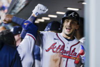 May 5, 2026; Seattle, Washington, USA; Atlanta Braves first baseman Matt Olson (28) bumps forearms with a teammate in the dugout after hitting a solo-home run against the Seattle Mariners during the ninth inning at T-Mobile Park. Mandatory Credit: Joe Nicholson-Imagn Images