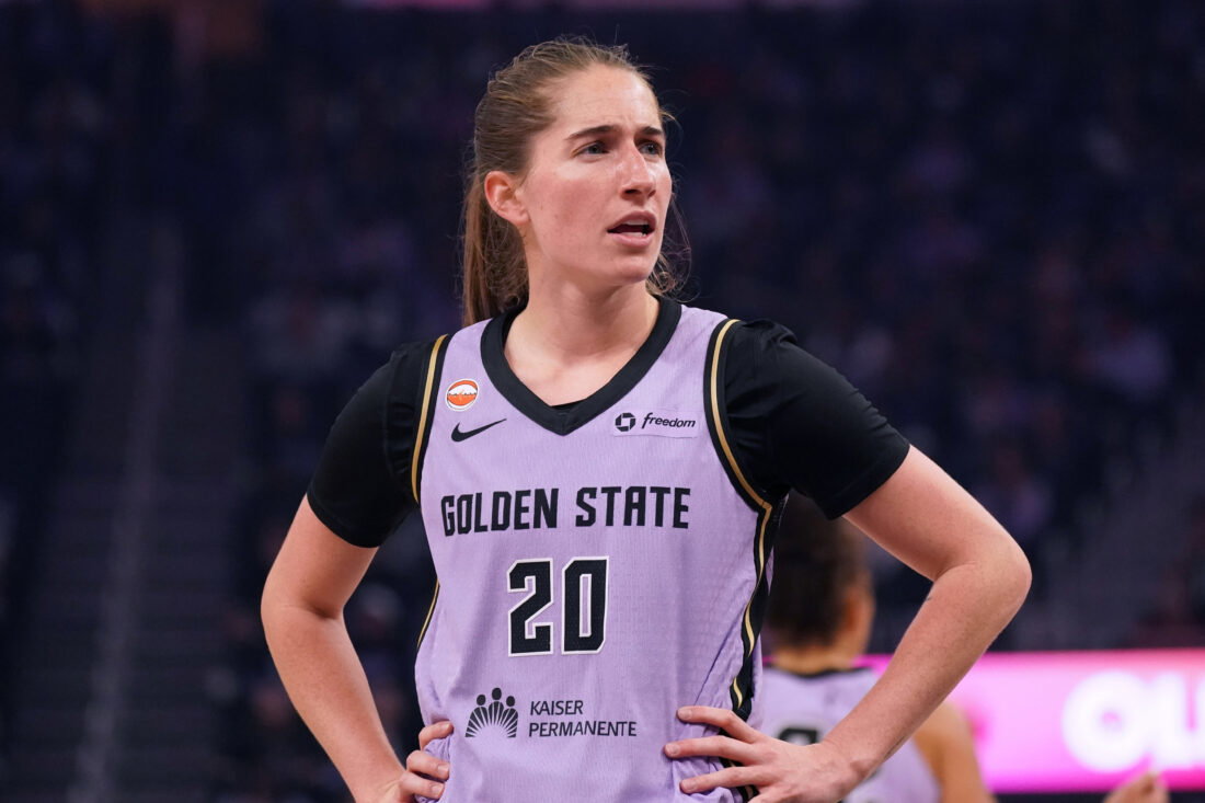 Apr 25, 2026; San Francisco, CA, USA; Golden State Valkyries guard Kate Martin (20) waits for play to resume against the Seattle Storm in the first quarter at Chase Center. Mandatory Credit: David Gonzales-Imagn Images