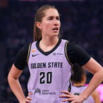 Apr 25, 2026; San Francisco, CA, USA; Golden State Valkyries guard Kate Martin (20) waits for play to resume against the Seattle Storm in the first quarter at Chase Center. Mandatory Credit: David Gonzales-Imagn Images