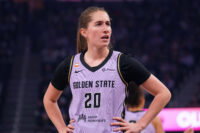 Apr 25, 2026; San Francisco, CA, USA; Golden State Valkyries guard Kate Martin (20) waits for play to resume against the Seattle Storm in the first quarter at Chase Center. Mandatory Credit: David Gonzales-Imagn Images