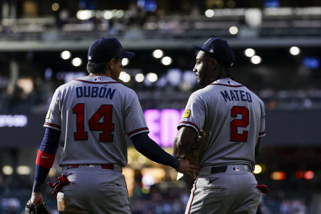 May 5, 2026; Seattle, Washington, USA; Atlanta Braves shortstop Mauricio Dubón (14) talks with shortstop Jorge Mateo (2) during the middle of the ninth inning against the Seattle Mariners at T-Mobile Park. Mandatory Credit: Joe Nicholson-Imagn Images