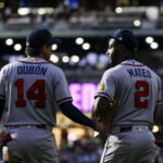 May 5, 2026; Seattle, Washington, USA; Atlanta Braves shortstop Mauricio Dubón (14) talks with shortstop Jorge Mateo (2) during the middle of the ninth inning against the Seattle Mariners at T-Mobile Park. Mandatory Credit: Joe Nicholson-Imagn Images