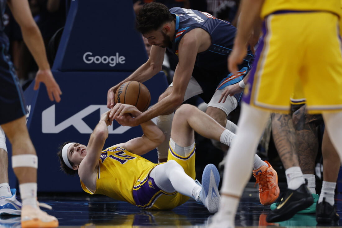 May 7, 2026; Oklahoma City, Oklahoma, USA; Oklahoma City Thunder center Chet Holmgren (7) steals the ball from Los Angeles Lakers guard Austin Reaves (15) in the second half during game two of the second round of the 2026 NBA Playoffs at Paycom Center. Mandatory Credit: Alonzo Adams-Imagn Images