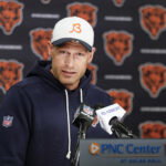 May 8, 2026; Lake Forest, IL, USA; Chicago Bears head coach Ben Johnson addresses the media at Halas Hall before Rookie Minicamp. Mandatory Credit: Kamil Krzaczynski-Imagn Images