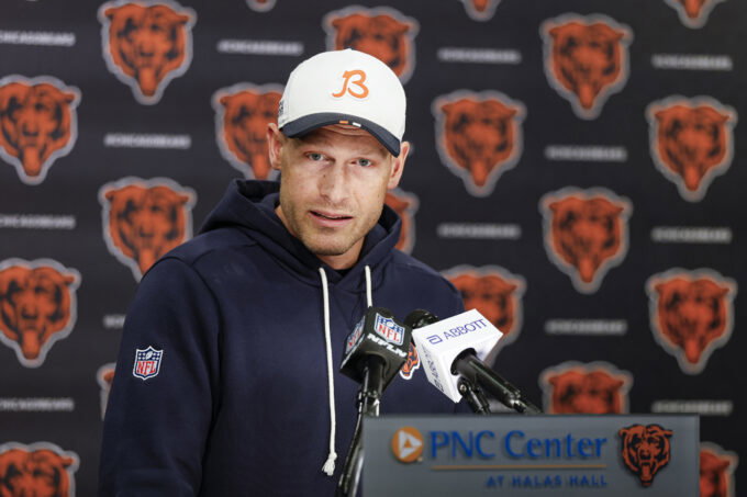 May 8, 2026; Lake Forest, IL, USA; Chicago Bears head coach Ben Johnson addresses the media at Halas Hall before Rookie Minicamp. Mandatory Credit: Kamil Krzaczynski-Imagn Images