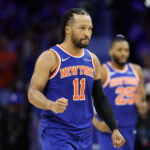 May 8, 2026; Philadelphia, Pennsylvania, USA; New York Knicks guard Jalen Brunson (11) reacts after a play against the Philadelphia 76ers during the fourth quarter of game three of the second round of the 2026 NBA Playoffs at Xfinity Mobile Arena. Mandatory Credit: Bill Streicher-Imagn Images