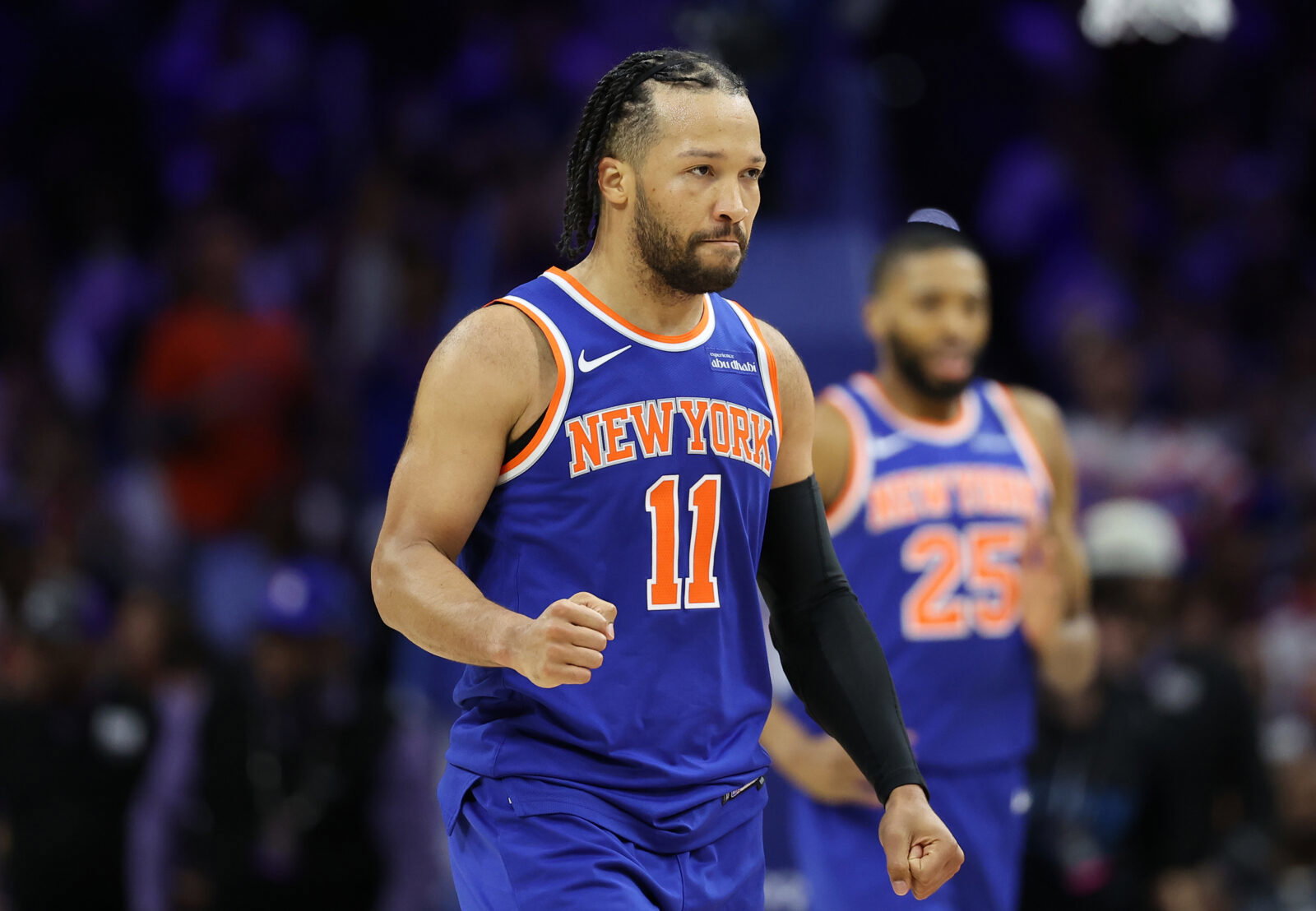 May 8, 2026; Philadelphia, Pennsylvania, USA; New York Knicks guard Jalen Brunson (11) reacts after a play against the Philadelphia 76ers during the fourth quarter of game three of the second round of the 2026 NBA Playoffs at Xfinity Mobile Arena. Mandatory Credit: Bill Streicher-Imagn Images