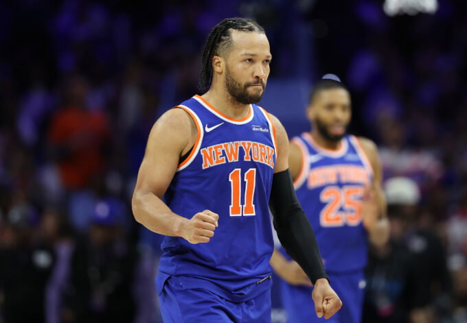 May 8, 2026; Philadelphia, Pennsylvania, USA; New York Knicks guard Jalen Brunson (11) reacts after a play against the Philadelphia 76ers during the fourth quarter of game three of the second round of the 2026 NBA Playoffs at Xfinity Mobile Arena. Mandatory Credit: Bill Streicher-Imagn Images