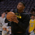 May 9, 2026; Los Angeles, California, USA; Los Angeles Lakers forward Rui Hachimura (28) warms up prior to game three of the second round of the 2026 NBA Playoffs against the Oklahoma City Thunder at Crypto.com Arena. Mandatory Credit: Jayne Kamin-Oncea-Imagn Images