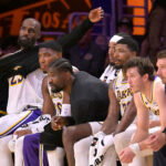 May 9, 2026; Los Angeles, California, USA; Los Angeles Lakers starters look on from the bench in the final minutes of game three of the second round of the 2026 NBA Playoffs against the Oklahoma City Thunder at Crypto.com Arena. Mandatory Credit: Jayne Kamin-Oncea-Imagn Images