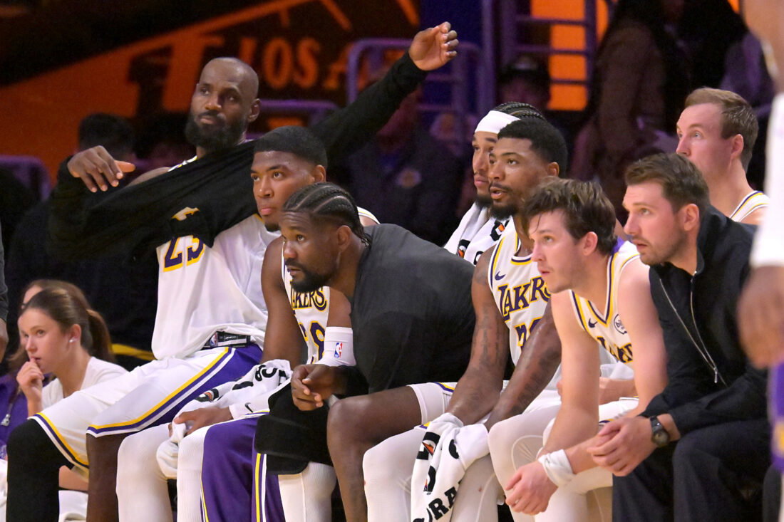 May 9, 2026; Los Angeles, California, USA; Los Angeles Lakers starters look on from the bench in the final minutes of game three of the second round of the 2026 NBA Playoffs against the Oklahoma City Thunder at Crypto.com Arena. Mandatory Credit: Jayne Kamin-Oncea-Imagn Images