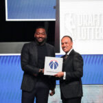 May 10, 2026; Chicago, IL, USA; Mark Tatum the NBA Deputy Commissioner and Washington Wizard (left) guard John Wall pose for photos after Wizards won the 2026 NBA Draft Lottery at Navy Pier. Mandatory Credit: David Banks-Imagn Images