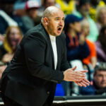 May 10, 2026; Uncasville, Connecticut, USA; Connecticut Sun head coach Rachid Meziane watches from the sideline as they take on the Seattle Storm at Mohegan Sun Arena. Mandatory Credit: David Butler II-Imagn Images