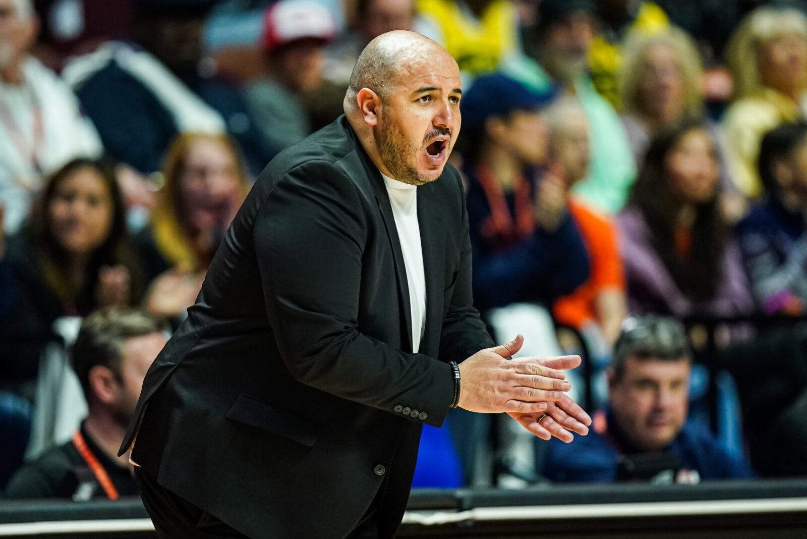 May 10, 2026; Uncasville, Connecticut, USA; Connecticut Sun head coach Rachid Meziane watches from the sideline as they take on the Seattle Storm at Mohegan Sun Arena. Mandatory Credit: David Butler II-Imagn Images