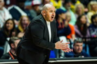May 10, 2026; Uncasville, Connecticut, USA; Connecticut Sun head coach Rachid Meziane watches from the sideline as they take on the Seattle Storm at Mohegan Sun Arena. Mandatory Credit: David Butler II-Imagn Images